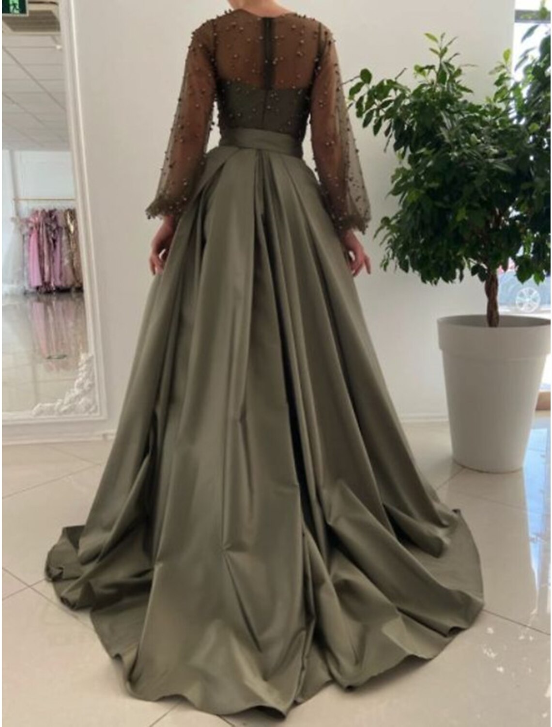Mermaid / Trumpet Evening Gown Sexy Dress Formal Wedding Guest Court Train Long Sleeve Jewel Neck Charmeuse with Pearls Slit Overskirt